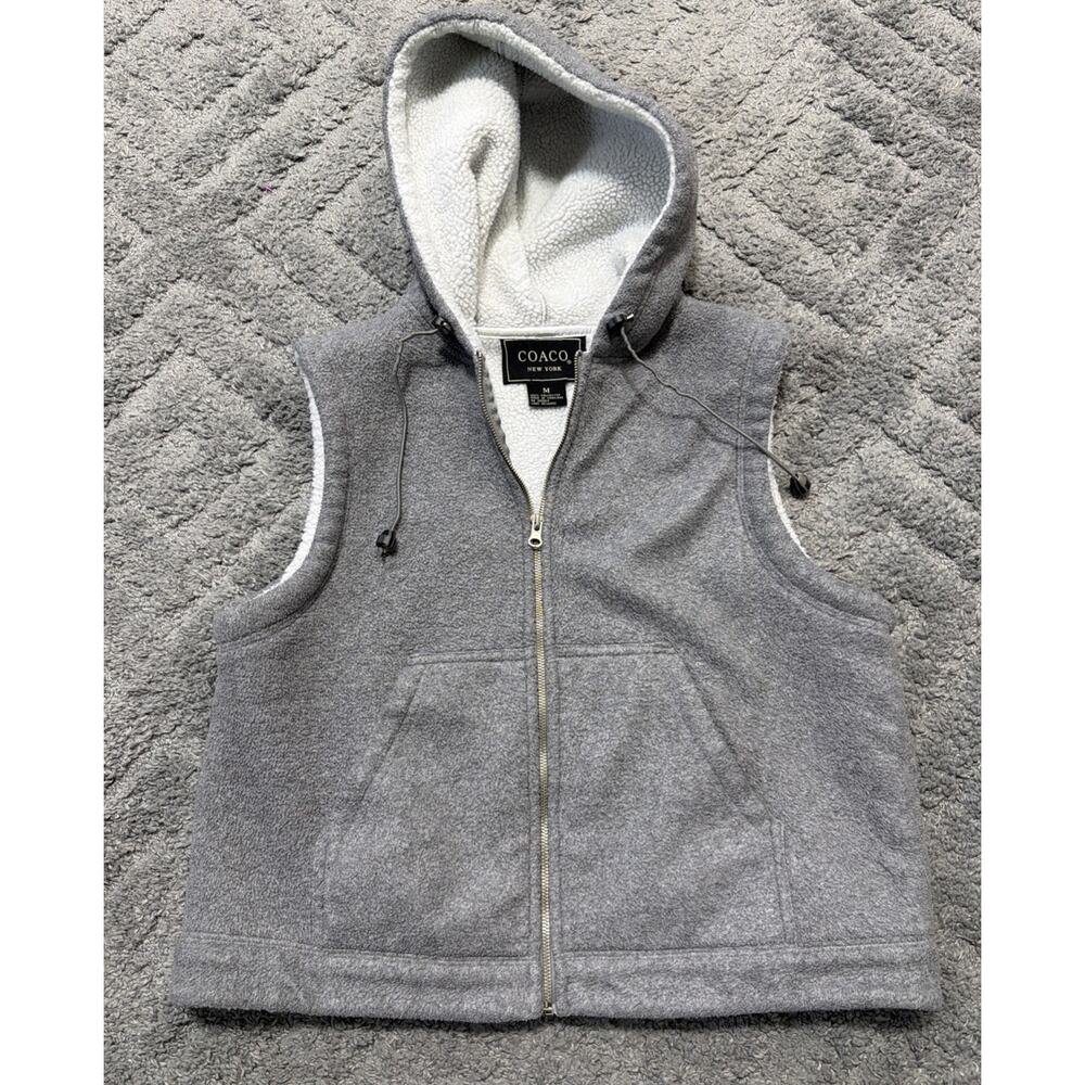 Coaco NY Fleece Polyester Soft Warm Full Zip Hooded Vest Light Grey Womens Sz M